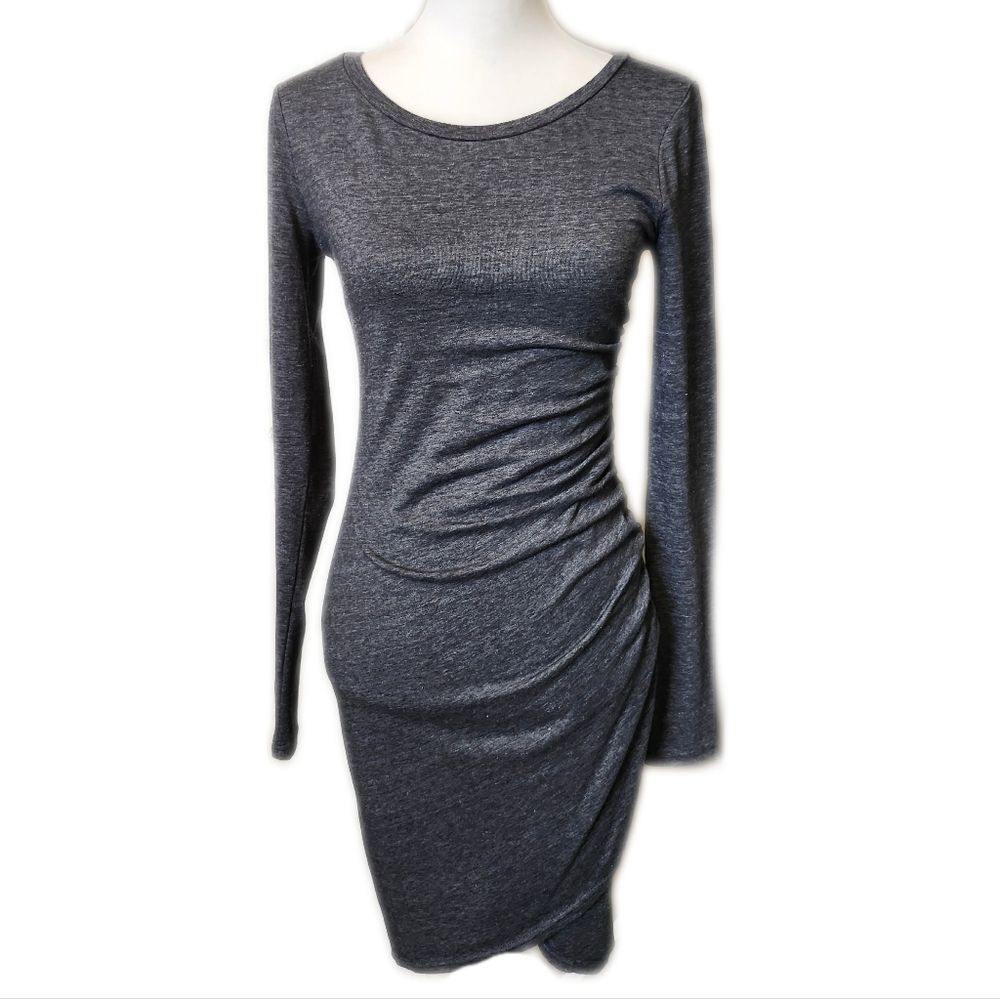 Leith Ruched Side, Tulip Hem, Long Sleeved, Charcoal Gray Mini Dress S